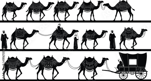 Black camel caravan silhouette set with bedouin traders and desert wagons isolated on white background for middle eastern travel design