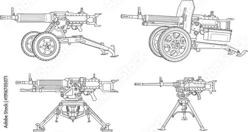 Heavy Machine Gun Artillery Vector Illustration Set Featuring Military Weapon Equipment Mounted on Tripod and Wheeled Carriage