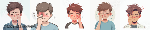Cartoon Artistic Collection of Young Man with Facial Pain and Discomfort
