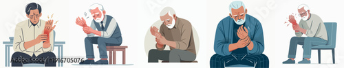 Flat Graphic Senior Man Wrist Pain Various Poses Illustration Set