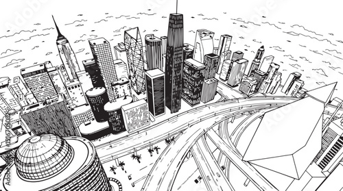 City landscape. Different buildings on street, outline cityscape hand sketch, flat houses. Hand drawn vector illustration