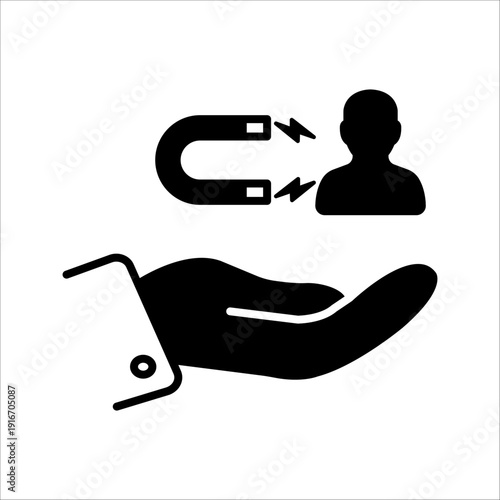 Magnet attracting people, linear icon. Customer acquisition and audience engagement. Line with editable stroke.