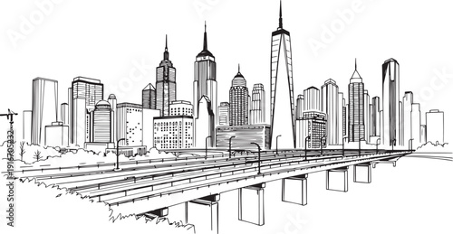 City landscape. Different buildings on street, outline cityscape hand sketch, flat houses. Hand drawn vector illustration