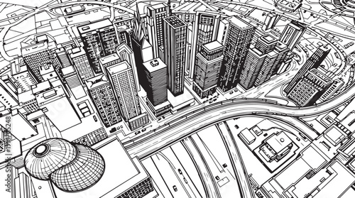 City landscape. Different buildings on street, outline cityscape hand sketch, flat houses. Hand drawn vector illustration