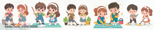 Cartoon Style Group of Children Cleaning House Chore Illustration