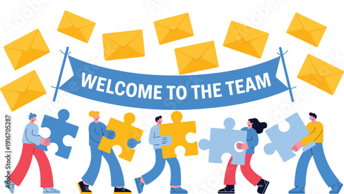 Welcome To The Team Banner With Business People Holding Puzzle Pieces And Envelopes Flat Vector Illustration Concept