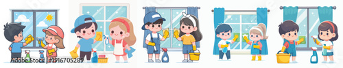 Cute Cartoon Style Kids Cleaning Windows Together Illustration Set