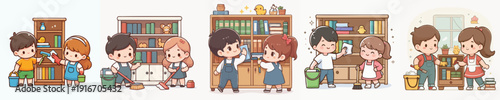 Cute Illustration Children Cleaning Bookshelf with Cloth and Cleaning Supplies
