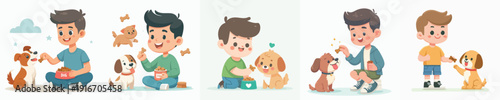 Cartoon Style Cheerful Boy Giving Food Treats to Adorable Dog Illustration