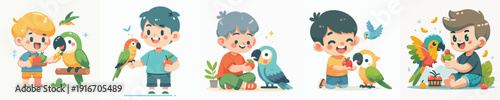 Charming Cartoon Boy Interacting Lovingly with Colorful Parrot Illustration Set
