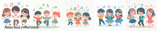 Cute Cartoon Style Group of Children Dancing with Music Note Illustration