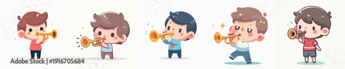 Cute Handdrawn Boy Playing Trumpet Character Set Flat Illustration