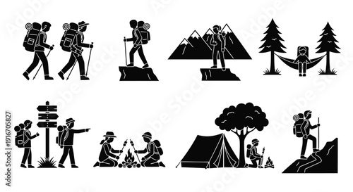 Silhouettes of hikers mountains and camping scenes in black and white