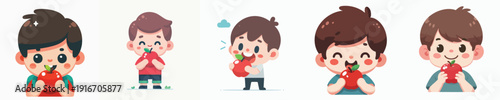 Cute Cartoon Style Diverse Boy Enjoying Fresh Red Apple Illustration Set