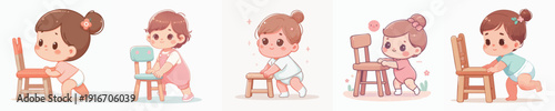 Cute Cartoon First Steps Illustration Set with Chair for Baby Girl