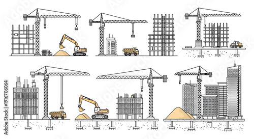 Architectural sketch of construction cranes buildings and heavy machinery