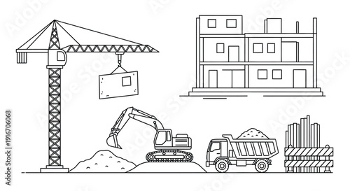 Construction site illustration featuring a crane excavator and building outline