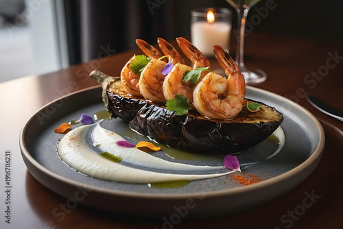 Smoked eggplant topped with tender shrimp and smooth coconut purée Elegant, delicate, and full of flavor. A stunning plate made for a special night.