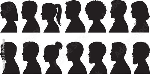 Vector silhouette of set of profile face of different people