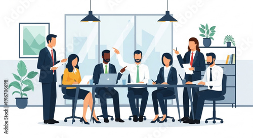 Business team collaborating in modern office with laptops and plants