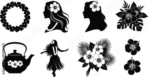 Black Hawaiian tropical silhouette set featuring hula dancers hibiscus flowers floral leis and traditional teapot isolated on white background for design