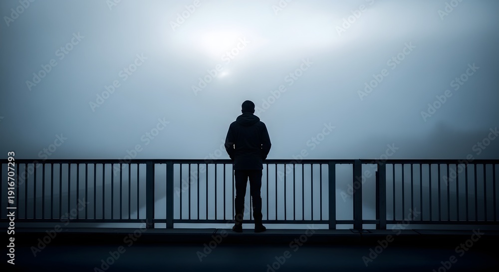 Fototapeta premium A lone figure stands on a bridge railing, gazing at a misty, foggy landscape with a distant sun.