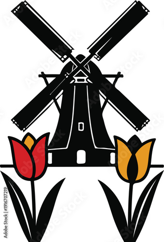 Traditional Dutch Windmill Silhouette with Red and Yellow Tulips