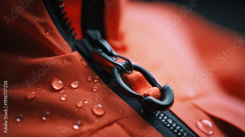 Close-up of a waterproof orange jacket zipper with water droplets on fabric. Detailed view of a water-repellent outdoor garment, highlighting zipper mechanism and moisture beading on textile surface