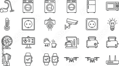 Home appliances outline icons set, smart household devices collection, kitchen electronics, cleaning equipment, security technology symbols, modern line art vector isolated illustration