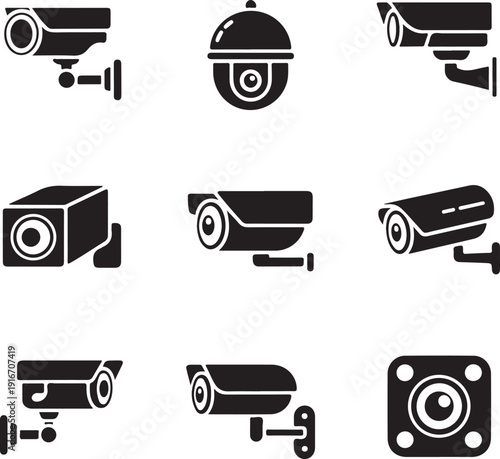 Video surveillance security cameras graphic icon pictograms set