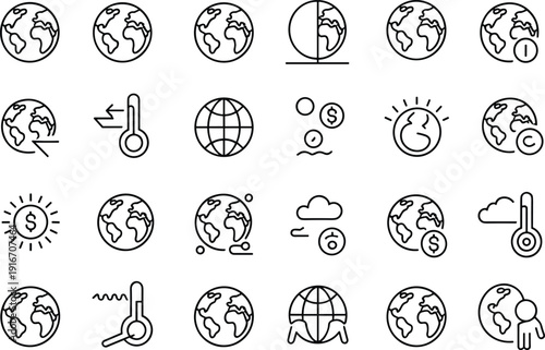 global, earth, icons, line, vector, climate, environment, world, temperature, warming, planet, sustainability, ecology, weather, monitoring, pollution, data, geography, international, awareness