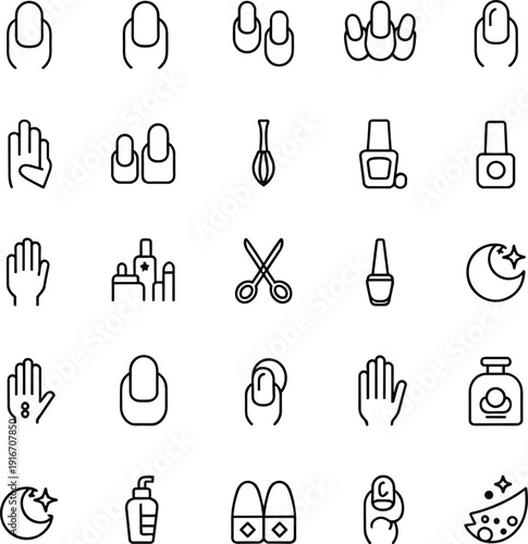 manicure, nail, icons, line, vector, beauty, salon, polish, care, hands, grooming, pedicure, cosmetics, spa, hygiene, treatment, fashion, elegance, collection, set