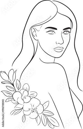 Woman face with flowers. Line art female hands with butterflies. One line vector drawing. Portrait minimalistic style. Botanical print. Nature symbol of cosmetics