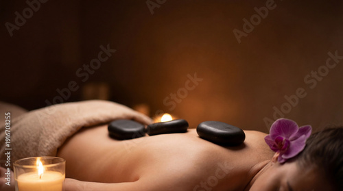 Hot stone massage with smooth basalt stones relaxed woman lying towel tranquil spa setting, warm candlelight and orchid adding calming atmosphere