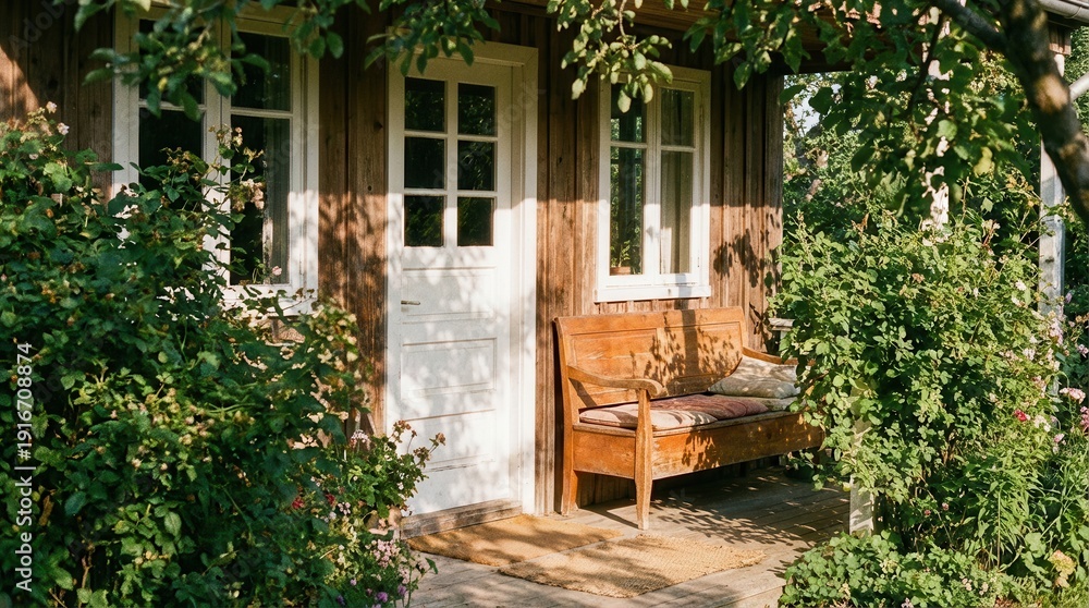 Obraz premium Rustic wooden house with white door and windows, surrounded by lush green foliage. A cozy wooden bench sits on the sunlit porch.