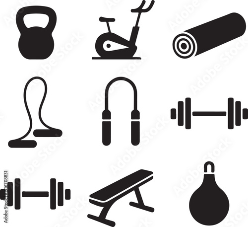black icons of various gym equipment on white background