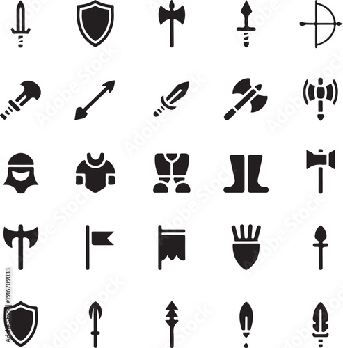 black medieval weapons and armor icon set on white background