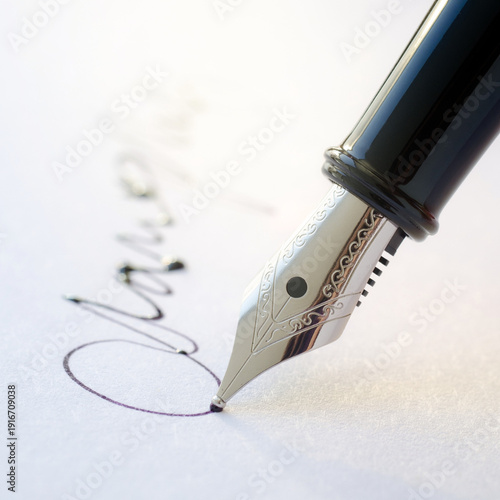 Detailed view of a fountain pen tip scripting elegant cursive letters on a white sheet of paper, highlighting ink strokes and refined hand lettering.