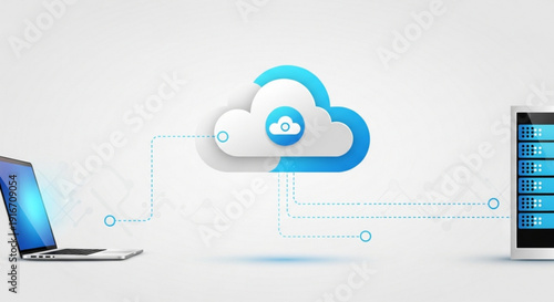 Cloud computing concept with laptop and server connecting to cloud storage symbolizing data transfer and online storage solutions