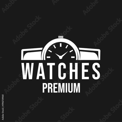 Premium Watches Logo Design with Classic Wristwatch Icon on Black Background