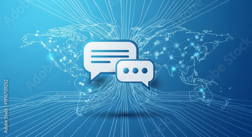 Global communication network with chat bubbles on a blue world map background with lines and dots