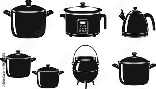 Black kitchenware silhouette icons set with cooking pots slow cooker tea kettle and cauldron isolated on white background for culinary design