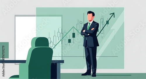 Businessman charting financial market growth with upward trend and candlestick analysis