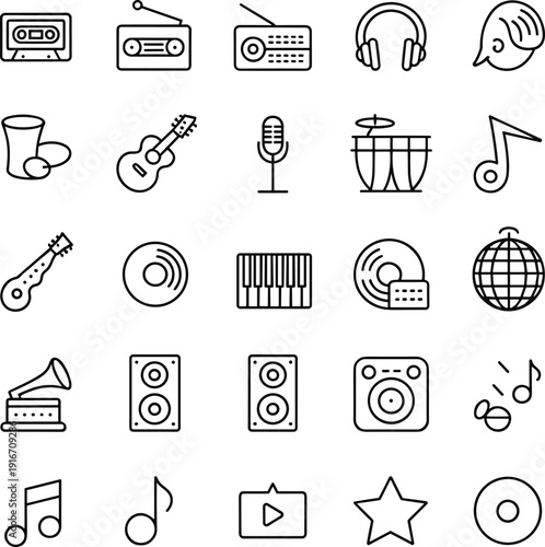 music, audio, entertainment, icons, line, vector, instruments, headphones, microphone, speakers, recording, melody, sound, media, studio, playlist, performance, digital, collection, set