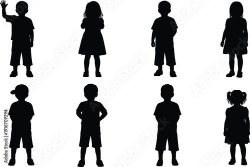 Collection of black silhouettes featuring young boys and girls in casual summer clothes standing in various poses, vector illustration
