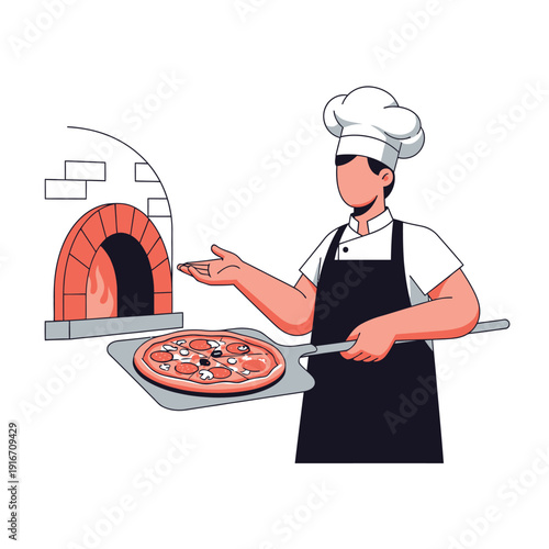 Pizza chef presenting a freshly baked pizza from a traditional wood-fired brick oven illustration