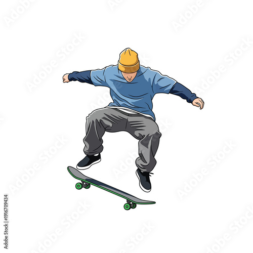Dynamic vector illustration of a skateboarder jumping and performing an ollie trick.