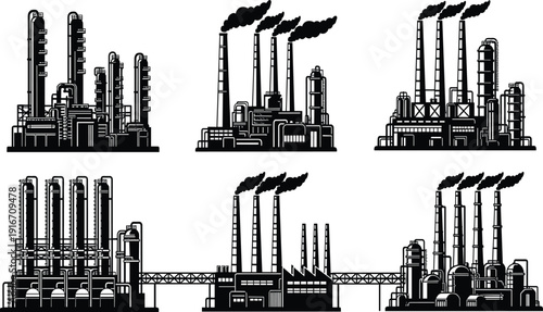 Black industrial factory silhouette set with refinery chimneys smoke stacks and chemical plant buildings isolated on white background for manufacturing design