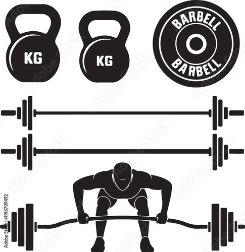 Black silhouette fitness icons with weights and barbell exercises
