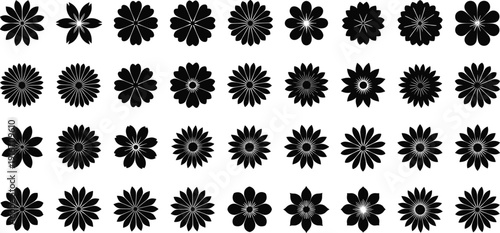 Black flower silhouette collection featuring decorative floral shapes, botanical design elements, and ornamental blossom icons for creative graphic applications